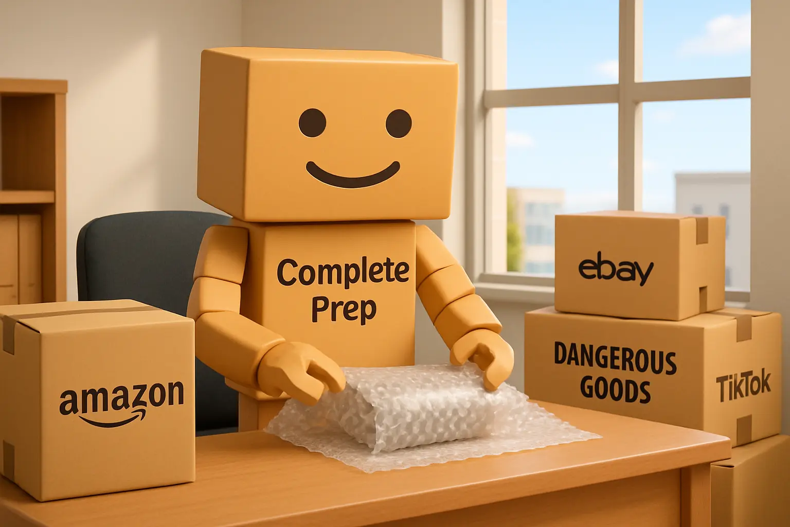 Complete Prep's mascot bubble-wrapping a fragile item for shipping