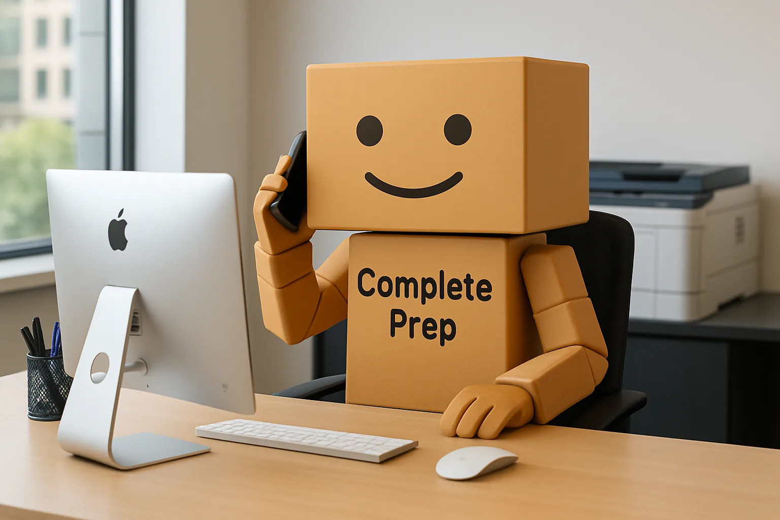 Complete Prep's cardboard mascot answering a phone call at a desk