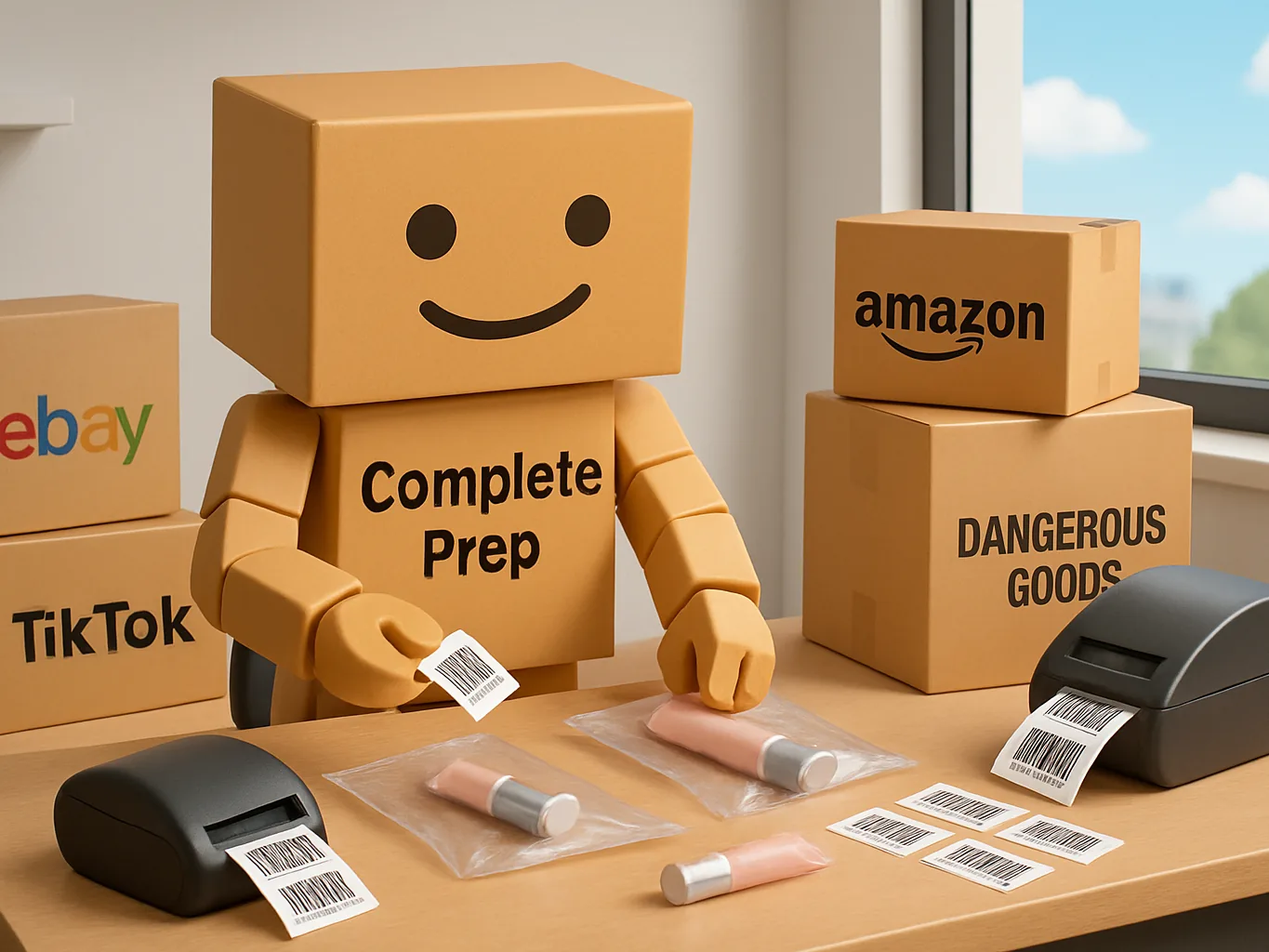 Complete Prep's mascot printing and applying barcode labels next to Amazon and eBay prep boxes