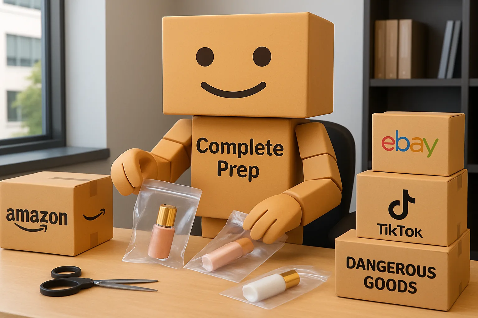 Complete Prep's mascot poly-bagging a product beside Amazon, eBay and TikTok prep boxes