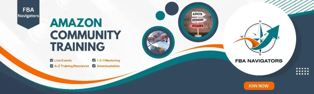 FBA Navigators Amazon community training banner - live events, 1-2-1 mentoring, training resources and downloadables